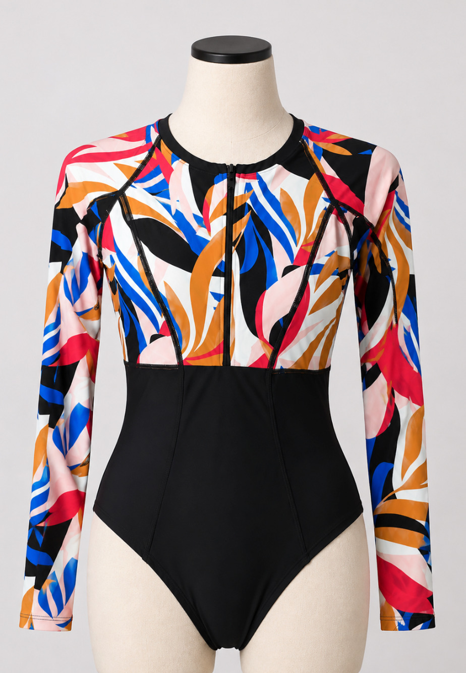 NEW prAna TROPICS COLORBLOCK MCKALYA LONG SLEEVE ONE PIECE SWIMSUIT 1968011 SZ M
